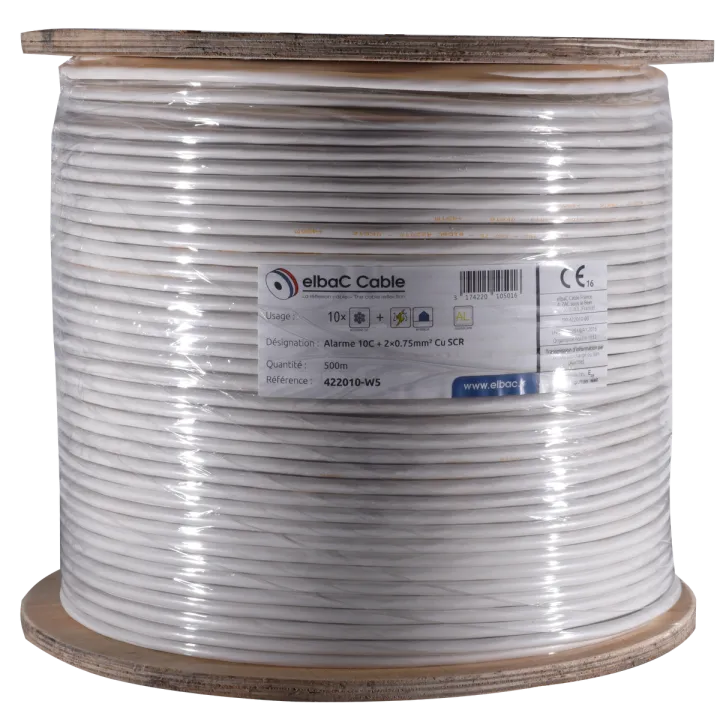 Câble Alarme Souple 10C Cu + 2×0.75 Scr Bob. Bois 500 M