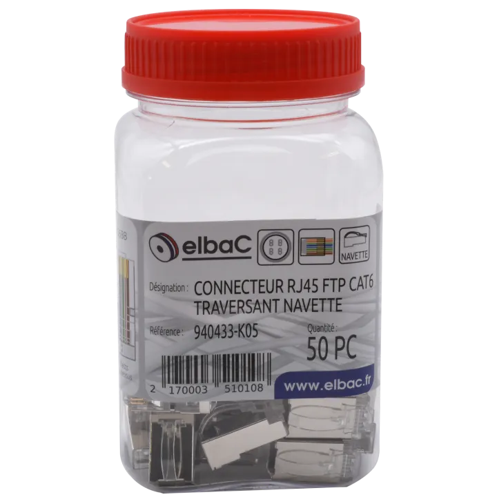 Connecteur Rj45 Ftp Cat6 Traversant Navette 8C1.1/6.5 Boîte 50 Pc