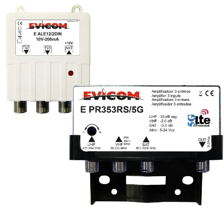 Kit Préamplificateur 30 Db Avec Couplage Sat Et Vhf + Alimentation 10 Vcc 2 Sorties