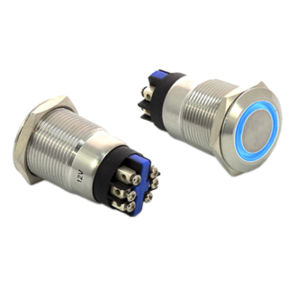 BOUTON POUSSOIR ACIER INOX D:19 MM HALO BLEU-12V DC NO+NC (F)*