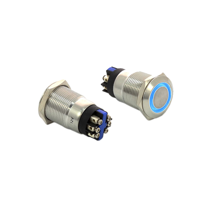 BOUTON POUSSOIR ACIER INOX D:19 MM HALO BLEU-12V DC NO+NC (F)*