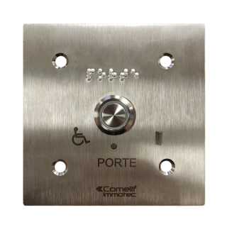 Bouton sonore+led monté sur façade inox 100x100 gravée porte bra