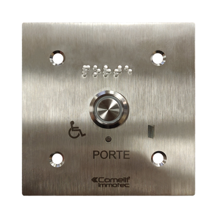 Bouton sonore+led monté sur façade inox 100x100 gravée porte bra