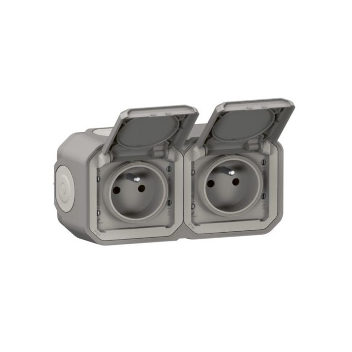 Prise De Courant 2X2P+T Horizontale Plexo Complet Saillie Gris