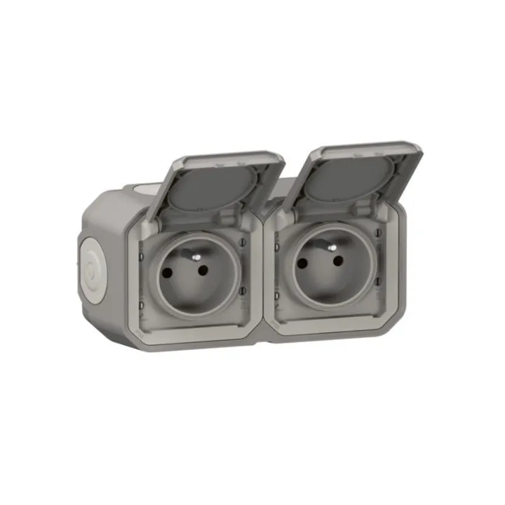 Prise De Courant 2X2P+T Horizontale Plexo Complet Saillie Gris