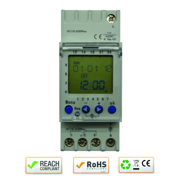 Horloge Digitale Hebdomataire Rail Din 2M 12V Ac/Dc 1 Contact Inverseur (58 Pas)