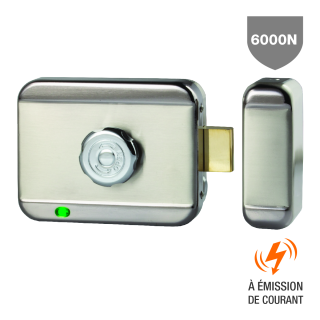 Serrure électr applique 6000N à émission 12-24V DC bouton moleté