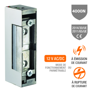 Gâche électrique universelle 4000 N émission / rupture 12/24V AC/DC