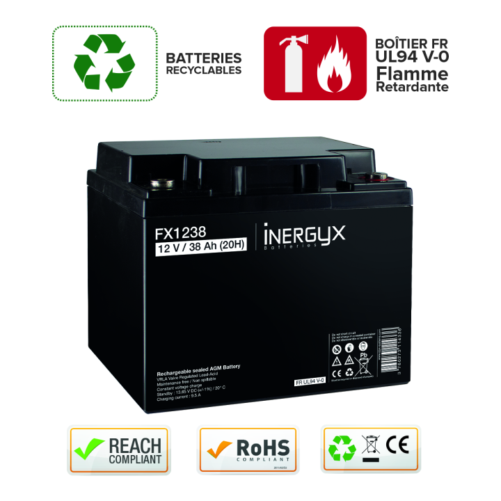Batterie Rechargeable Vrla 12V / 38 Ah - Bac Fr Ul94 V-0 - 197 X 166 X 174 Mm