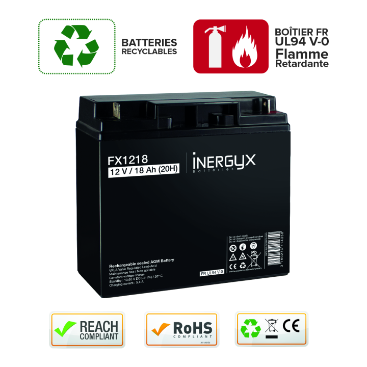 Batterie Rechargeable Vrla 12V / 18 Ah - Bac Fr Ul94 V-0 - 181 X 77 X 167 Mm