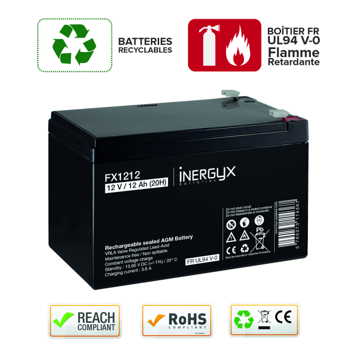 Batterie Rechargeable Vrla 12V / 12 Ah - Bac Fr Ul94 V-0 - 152 X 99 X 96/102 Mm