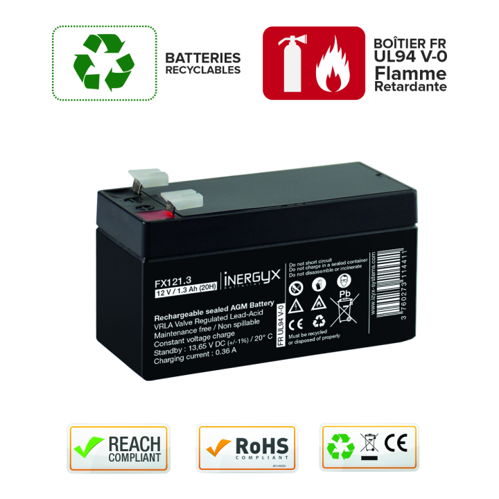 Batterie Rechargeable Vrla 12V / 1,3 Ah - Bac Fr Ul94 V-0 - 97 X 43 X 51/57 Mm