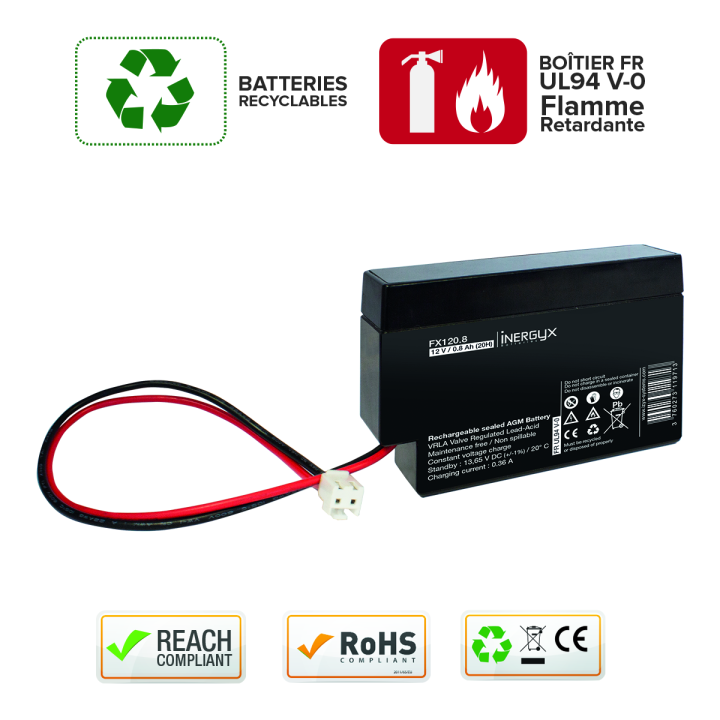 Batterie Recharg. Vrla 12V / 0.8 Ah - Fr Ul94 V-0 - 96X62X25 Mm / Jst Vhr-2