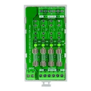 Carte Multivoies Rail Din 3M 12-24V Ac / 12-48V Dc - 4 Fusibles / 4 Leds Vertes