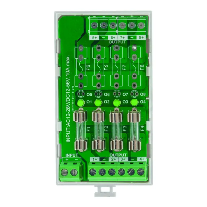 Carte Multivoies Rail Din 3M 12-24V Ac / 12-48V Dc - 4 Fusibles / 4 Leds Vertes