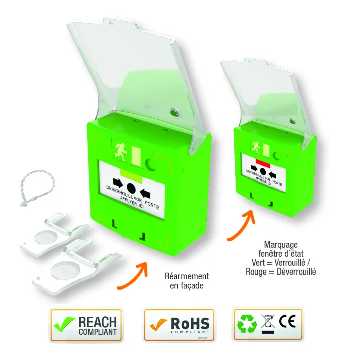 Déclencheur Manuel Vert 3 Contacts Reset Façade + Capot, 2 Clés, Scellé