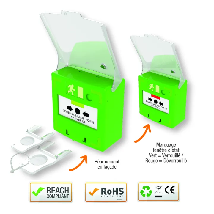 Déclencheur Manuel Vert 1 Contact Reset Façade + Capot, 2 Clés, Scellé