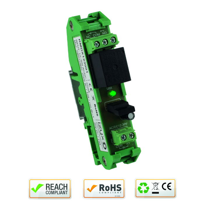 RELAIS RAIL DIN 12-30V AC/DC 1 RELAIS 1 LED MAX 250 AC/10A 30V