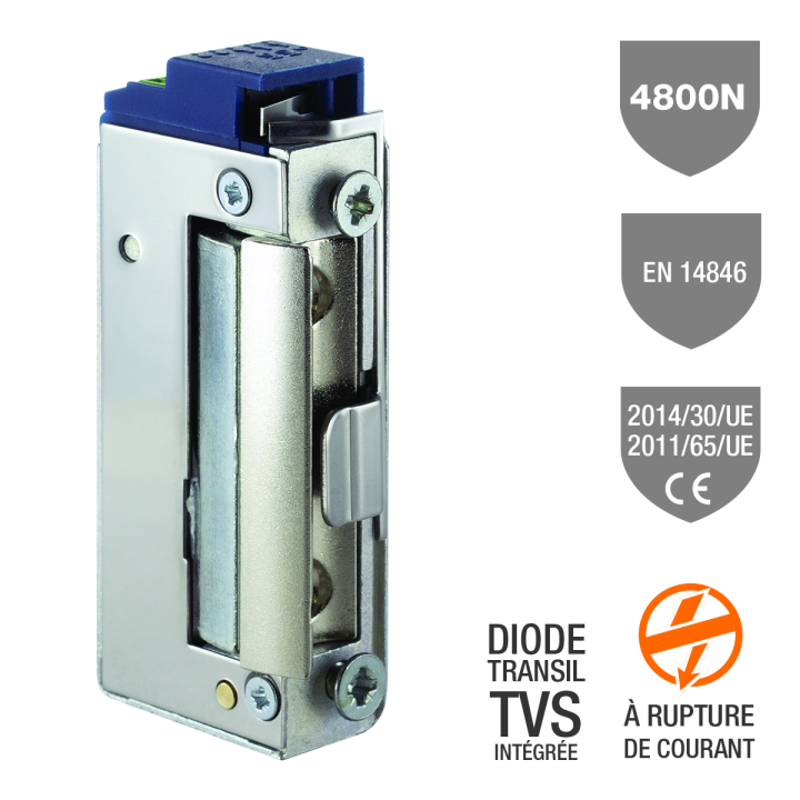 Gâche élec. 35 sym. 16 mm 4800 N à rupture CTC 12V DC TVS
