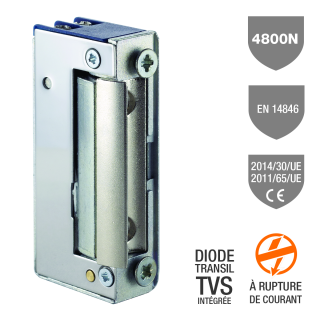 Gâche élec. 35 sym. 16 mm 4800 N à rupture 12V DC TVS(*)
