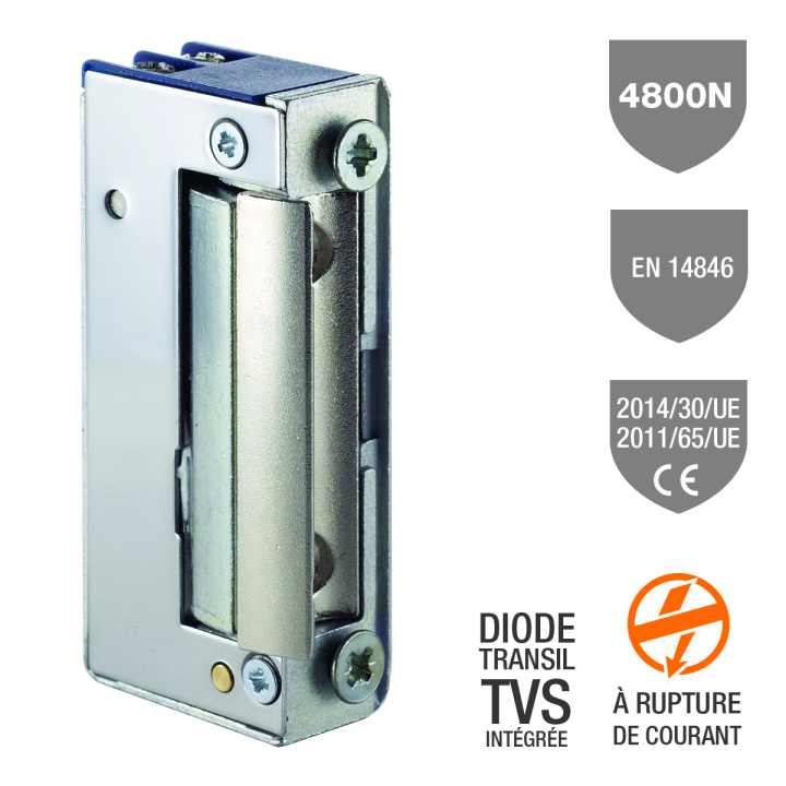 Gâche élec. 35 sym. 16 mm 4800 N à rupture 12V DC TVS(*)