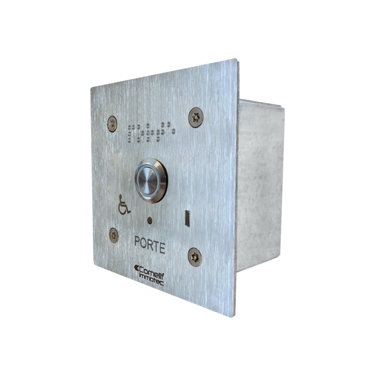 Bouton sonore+led monté sur façade inox 100x100 gravée porte bra