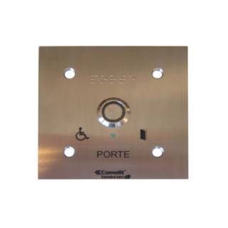 Bouton sonore+led monté sur façade inox 100x100 gravée porte bra