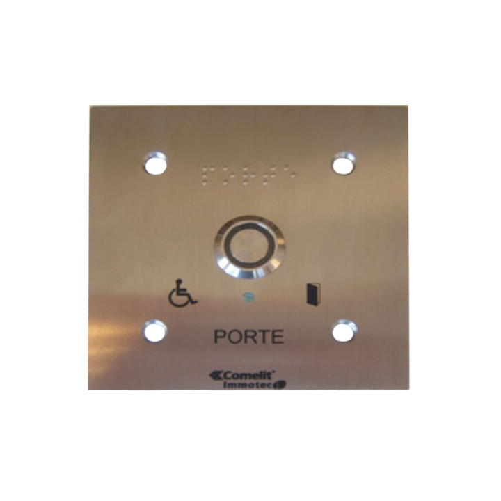 Bouton sonore+led monté sur façade inox 100x100 gravée porte bra