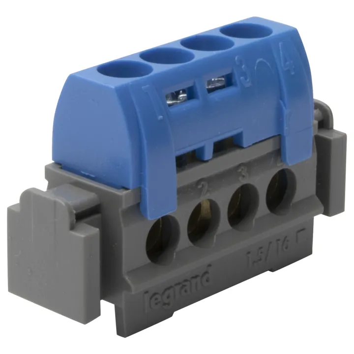 Bornier De Répartition Isolé Ip2X Neutre - 4X1,5Mm² À 16Mm² - Bleu - Long. 47Mm