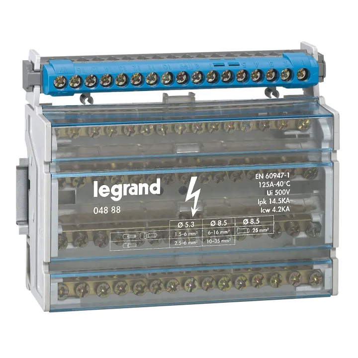 Bornier De Répartition Isolé Ip2X Neutre - 1 Connexion 6-25Mm² -Bleu -Long.141Mm