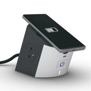 Station De Charge 2X2P+T, Chargeur Sans Fil , Usb A+C Et Cordon 2M - Blanc/Gris