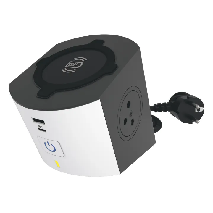 Station De Charge 2X2P+T, Chargeur Sans Fil , Usb A+C Et Cordon 2M - Blanc/Gris