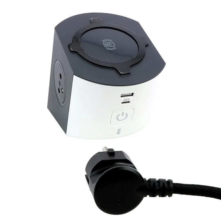 Station De Charge 2X2P+T, Chargeur Sans Fil , Usb A+C Et Cordon 2M - Blanc/Gris