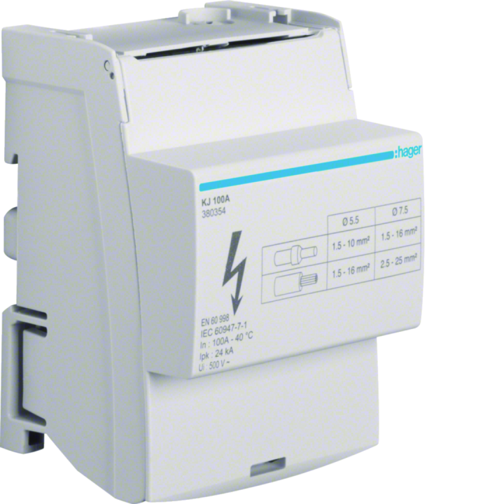Répartiteur 100A, tétrapolaire, 2x 2,5-25²/5x 1,5-16² par phase
