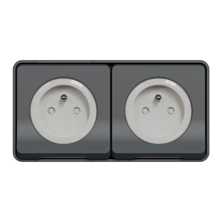 Mureva Styl - Double Prise 2P+T Précâblée Horiz - Saillie - Ip55 - Ik08 - Gris