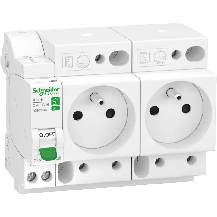 Resi9 Xe - Combiné Disj+2 Prises Courant - 1P+N - 16A - Courbe C - Embrochable