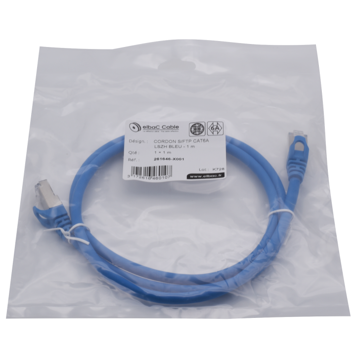 CORDON S/FTP CAT6A AWG26 LSZH BLEU 01M Cordon 1 PC 1m