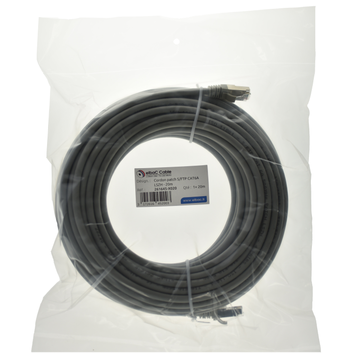 CORDON RJ45 cat6A SFTP  mâle//mâle 20 mètres GRIS