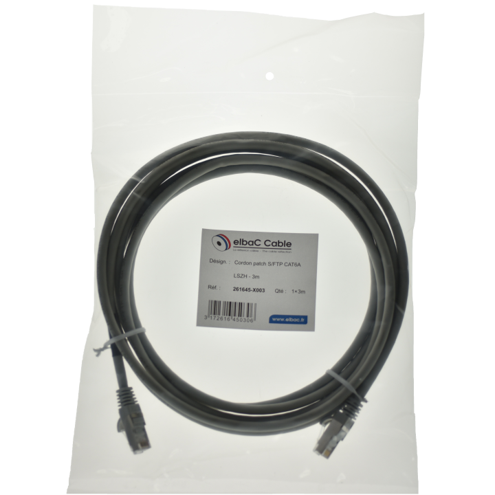 Cordon Rj45 Cat6A Sftp Mâle//Mâle 3M. Gris
