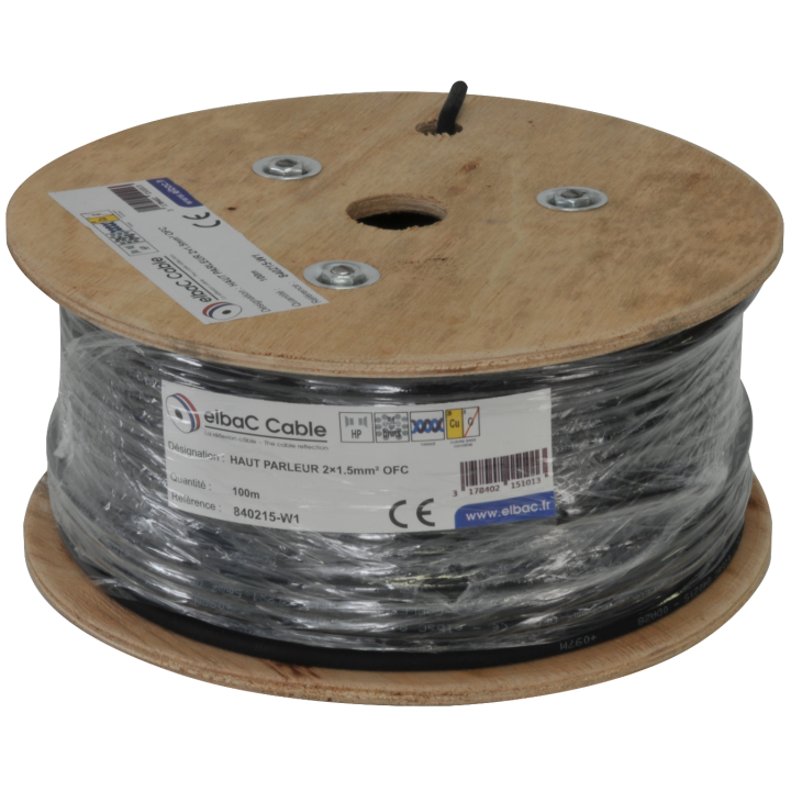 CABLE HP SONO 2 x 1.5mm² ROND  noir le rouleau de 100m