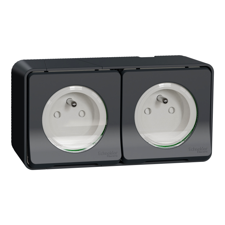 Mureva Styl - Double prise 2P+T précâblée horiz - saillie - IP55 - IK08 - gris