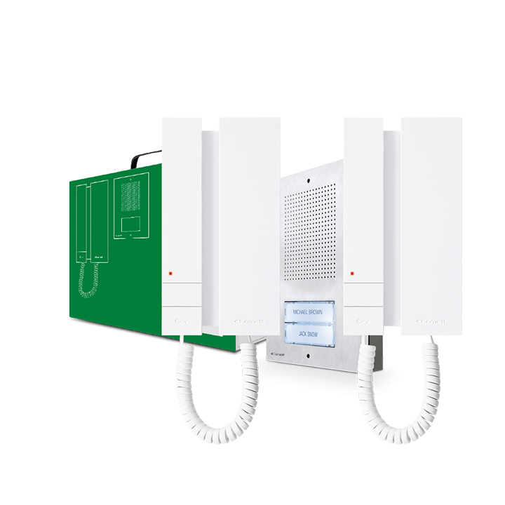 Série Mini - Kit audio 5 fils bifamilial Extra-Mini, 2 interphones, transfo 1200