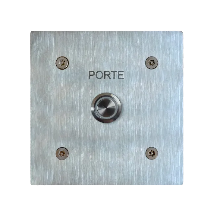 Bouton poussoir lumineux NO/NF en inox avec gravure, idéal pour portes d’accès.