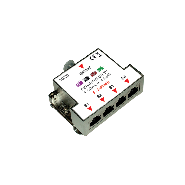 Répartiteur TV passif 1 entrée coax - 4 sorties  RJ45