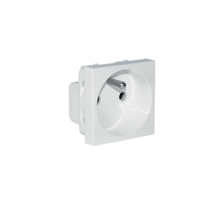 Prise de courant 2 pôles +T droiute blanche 45x45 encastrable à leviers courts