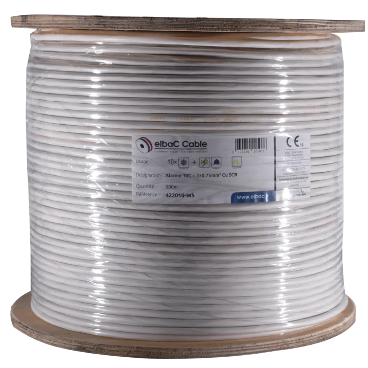 Câble Alarme Souple 10C Cu + 2×0.75 Scr Bob. Bois 500 M