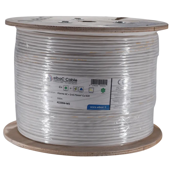 Câble Alarme Souple 04C Cu + 2×0.75 Scr Bob. Bois 500 M