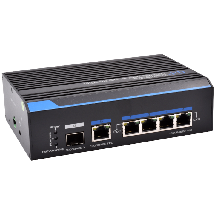 SWITCH INDUS 50/120W- 4×1Gbps/POE+ & 1Gbps PD & 1 SFP Boite 1 PC