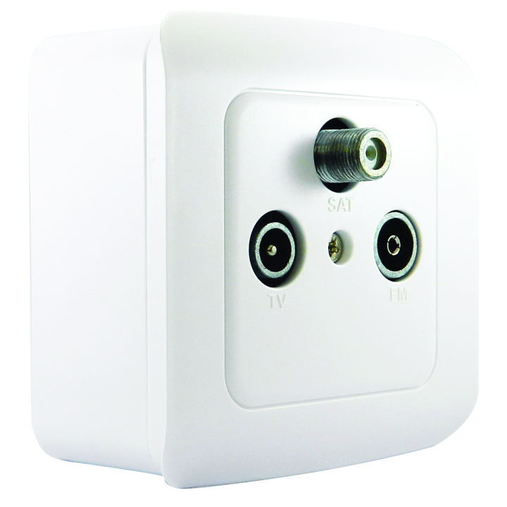 Prise TV -SAT -FM avec socle de mise en saillie.
