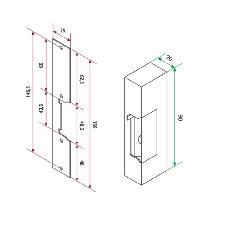Gâche à larder à émission 12 Vcc à mémoire (Têtière alu courte)